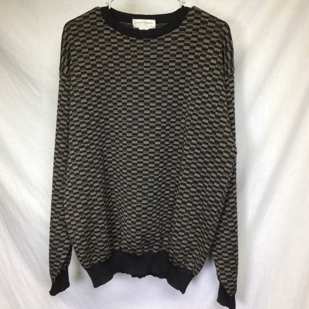 Tricots St Raphael Mens VTG Wool Sweater Olive Tan Cosby Style